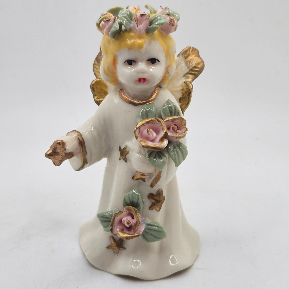 Vintage Autom Porcelain Angel Bell Figurine Pink Roses Gold Tone Trim